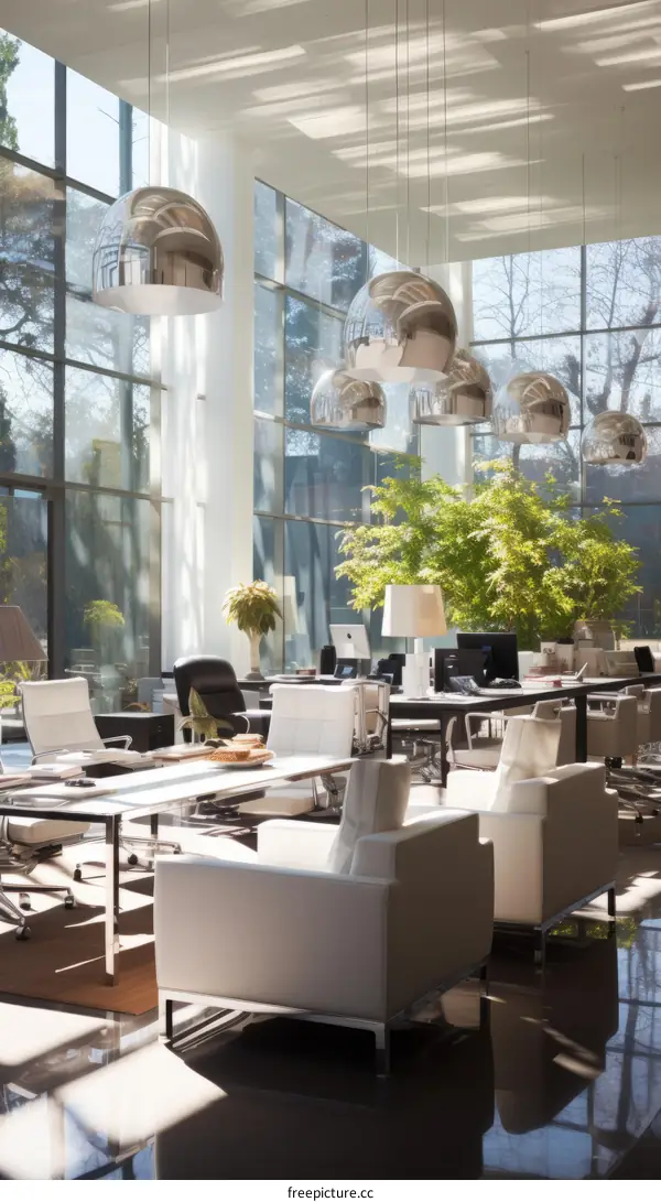 Modern Office Interior with Large Windows and White Furniture
