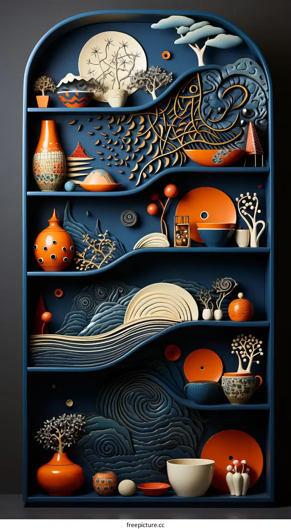 Blue and orange still life of assorted objects on shelves