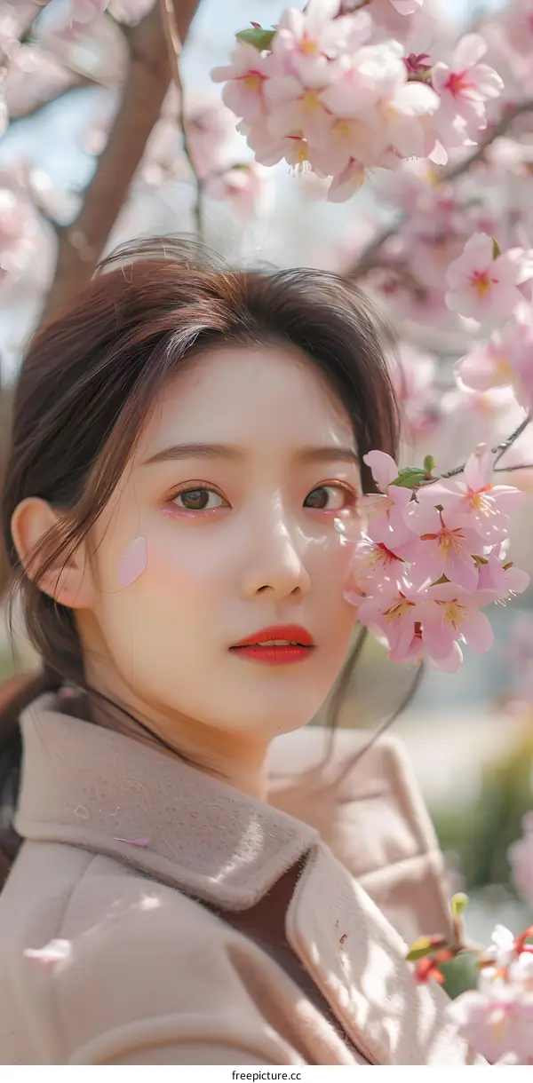 Woman in a Pink Coat Standing in a Field of Cherry Blossoms