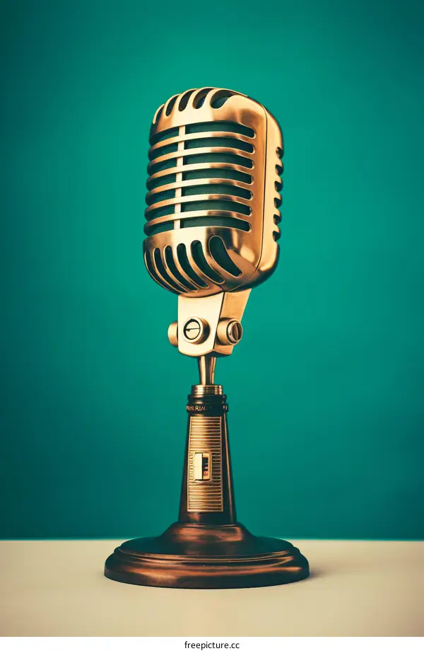 Vintage Golden Microphone on Green Background
