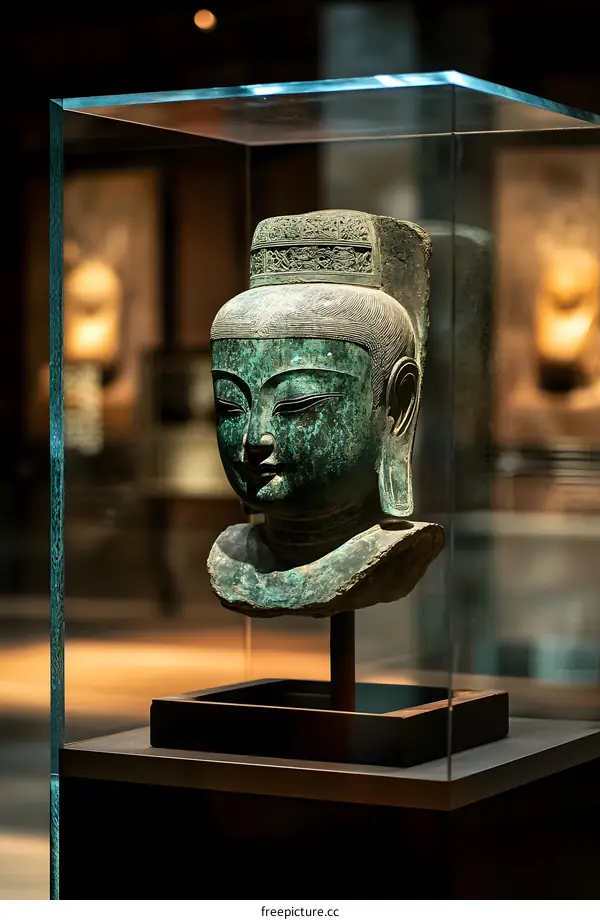 Bronze Buddha Head in Museum Display Case