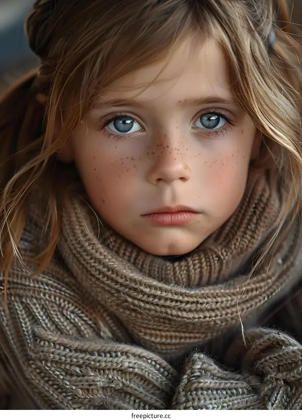Portrait of a girl with freckles and blue eyes