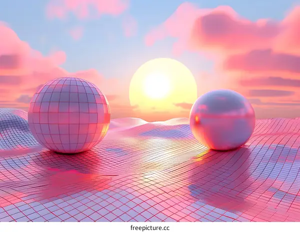 3D Illustration of Two Shiny Spheres in Pink and Blue Sunset