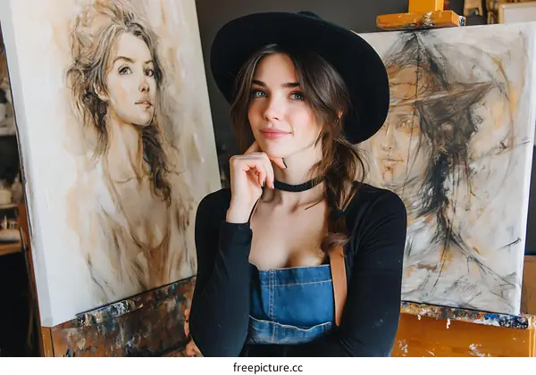Portrait Artist in Studio with Artwork