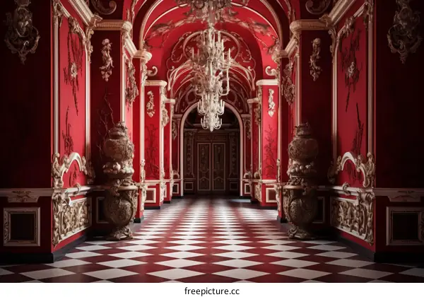 ornate red and white hallway
