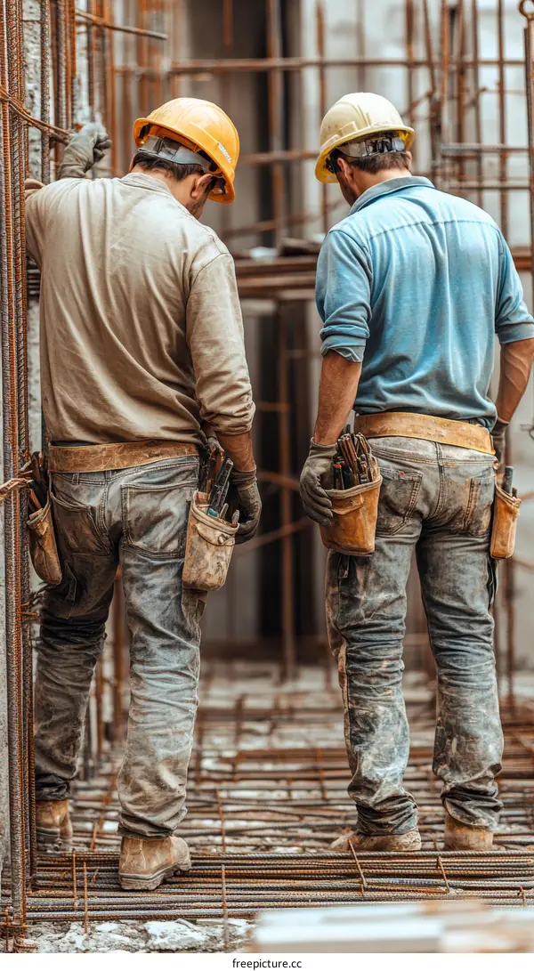 Two Construction Workers Inspecting a Concrete Structure