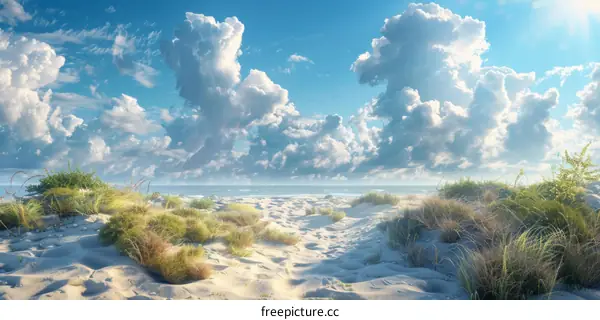 Beach Tranquility: Sunbeams Through Clouds