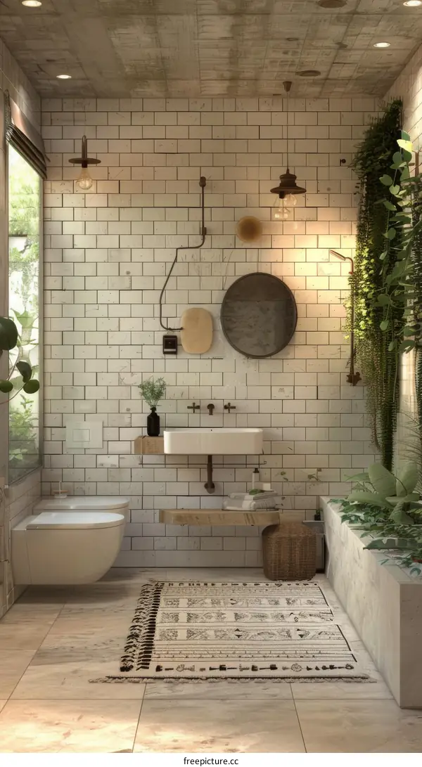 Modern Rustic Bathroom Decor with Tile and Plants