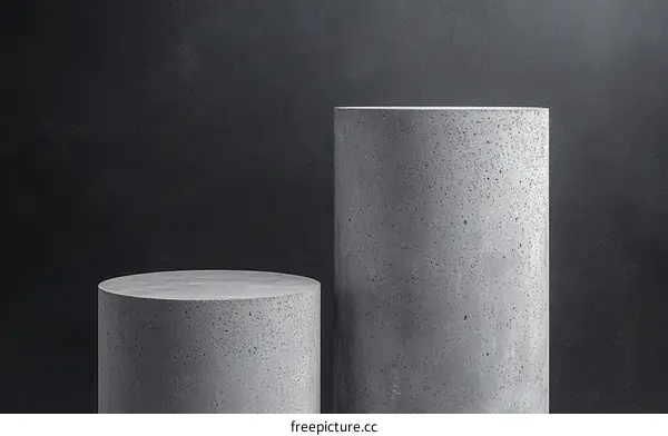 Grey Concrete Cylindrical Display Platforms on Dark Background