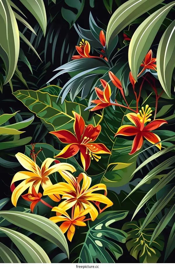 Tropical Flowers and Leaves Illustration