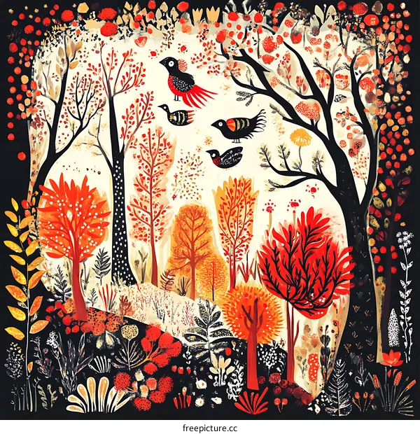 Autumn Forest Illustration with Red and Yellow Trees