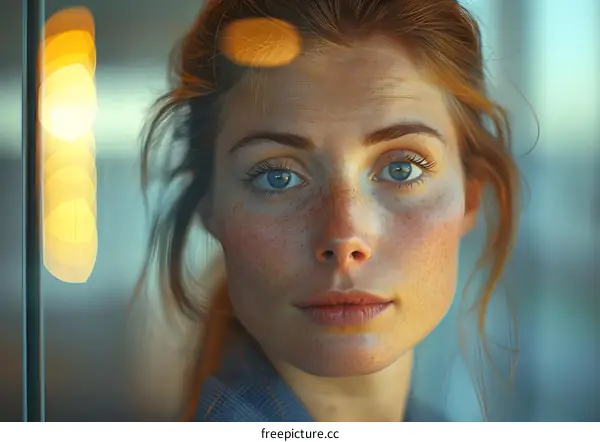 Portrait of a young woman with freckles and blue eyes