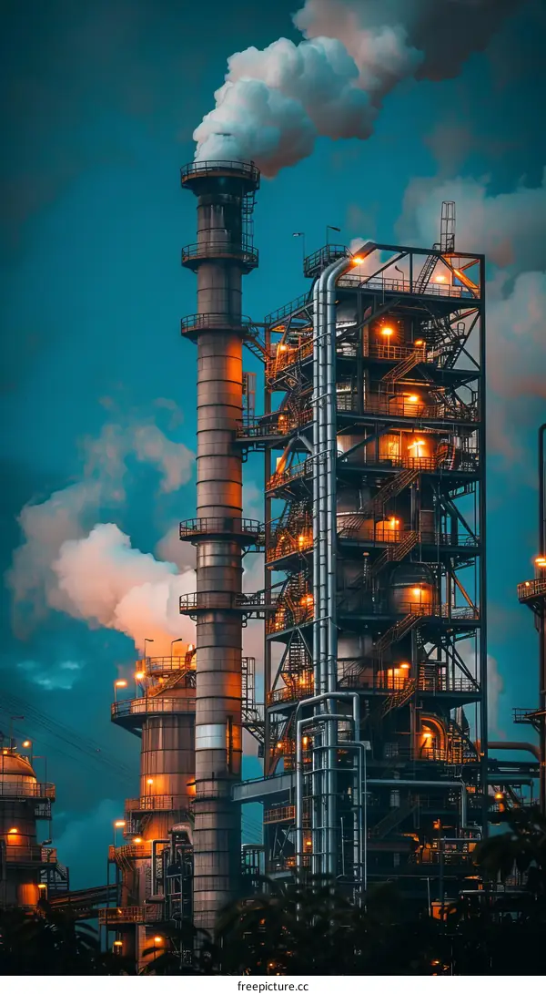 Oil Refinery at Dusk with Smoke Billowing Out of Smokestack