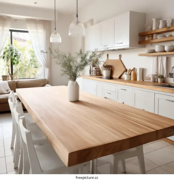 Large wooden table in a modern kitchen