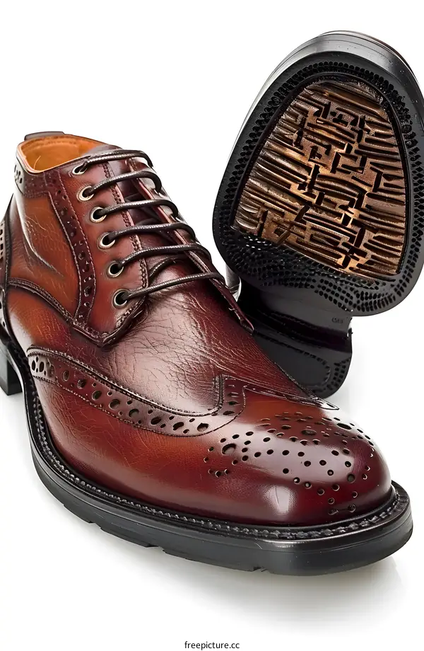 A brown leather brogue shoe with a unique sole pattern