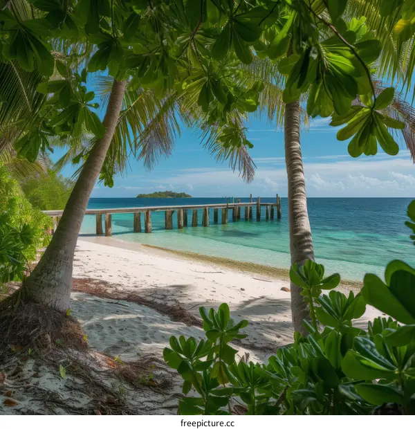 Beach scene with palm trees, white sand and blue water