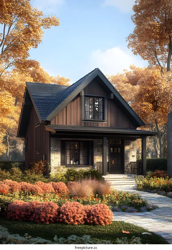 Modern Farmhouse Style Home with Autumn Landscape