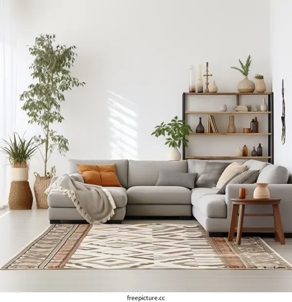 A Stylish Living Room With A Large Couch and Rug