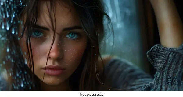 Portrait of a young woman with wet hair and blue eyes
