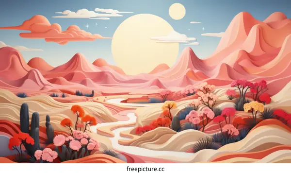 Pink surreal desert landscape illustration
