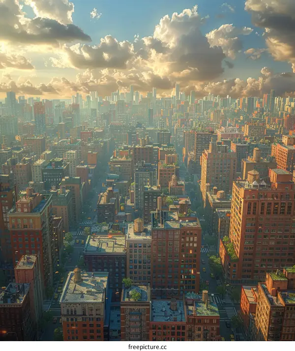 Aerial View of a Cityscape with Vivid Colors and Clouds