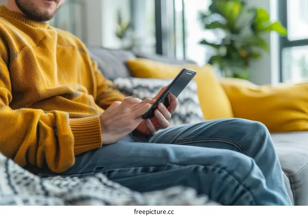 Man in yellow sweater using smartphone on couch
