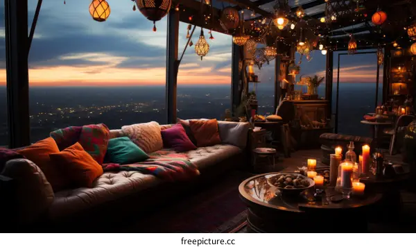 Cozy Living Room with Breathtaking City Night View