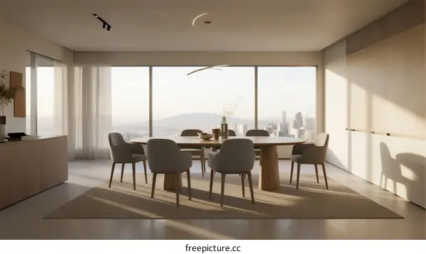 Modern Dining Room with Large Floor-to-Ceiling Windows Overlooking City