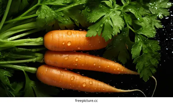 Fresh Carrots with Green Leaves on a Black Background