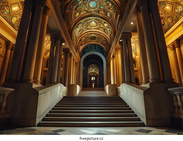Grand Staircase in a Historic Building with Ornate Columns and Ceiling