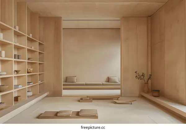 Minimalist Design Room With Wooden Shelves And Seating