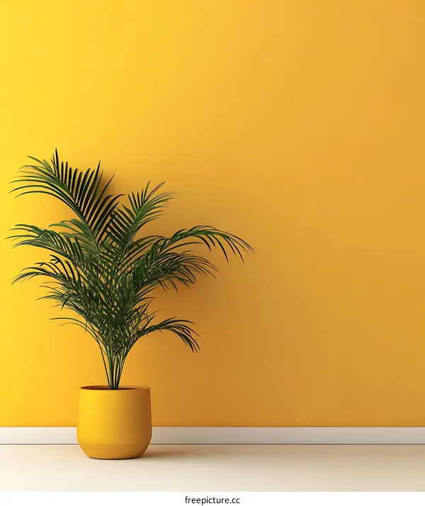 Yellow Wall Minimalist Interior Design With Green Plant