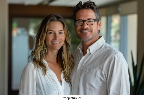Smiling man and woman standing close to each other