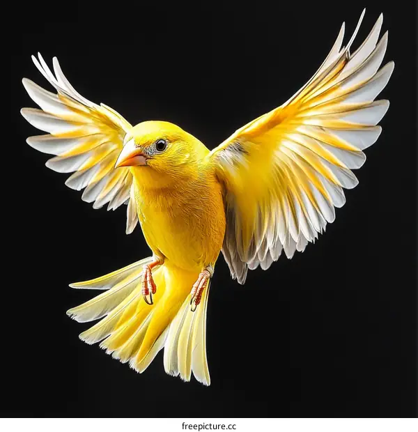 A Vibrant Yellow Bird in Flight Against a Black Background