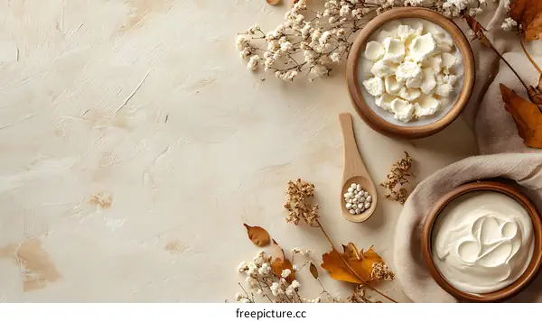 Wooden Bowl with White Cream on Beige Background