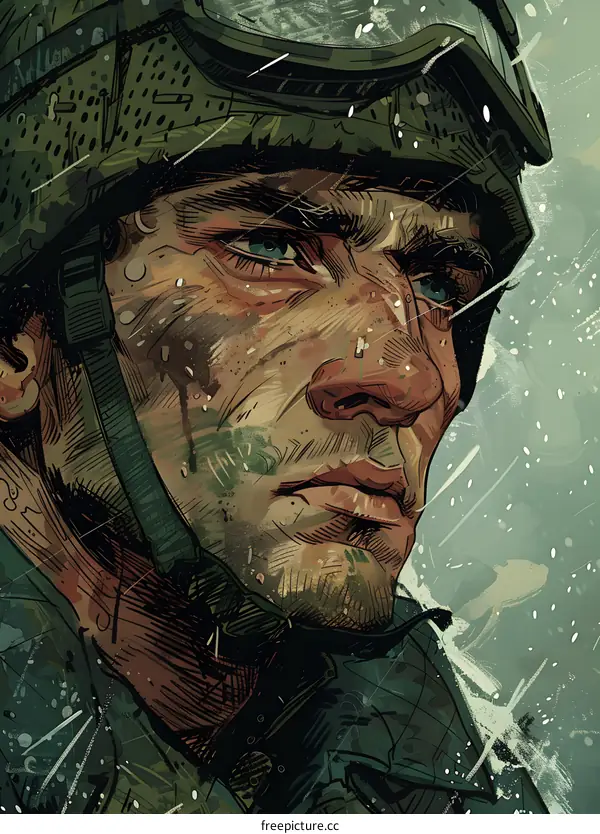 A soldiers portrait with a green helmet