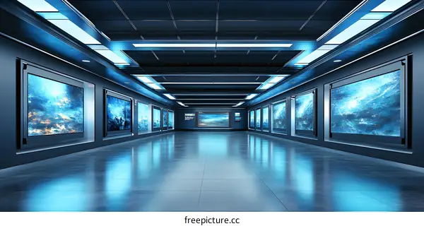 Modern Futuristic Gallery Interior With Abstract Paintings