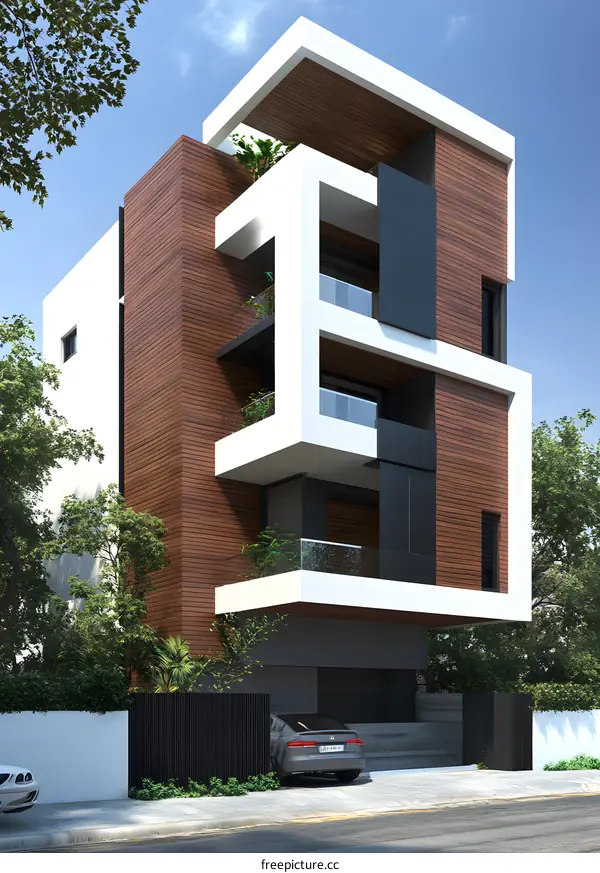 Modern Residential Building with Wooden Facade and Balconies