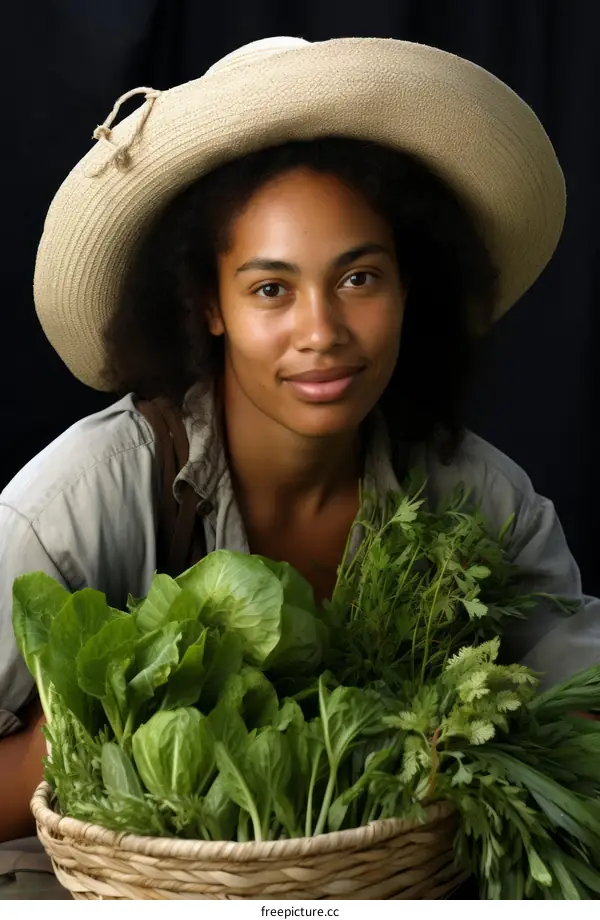 Portrait of a young African-American woman wearing a straw hat and holding a basket of fresh vegetables