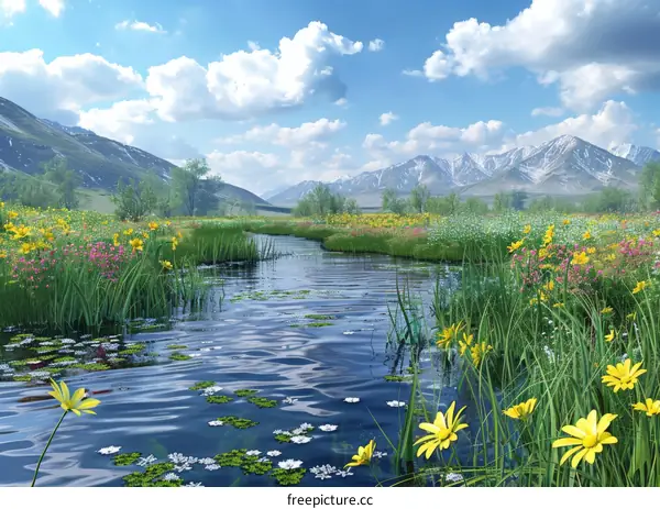 The river meanders through the verdant meadow