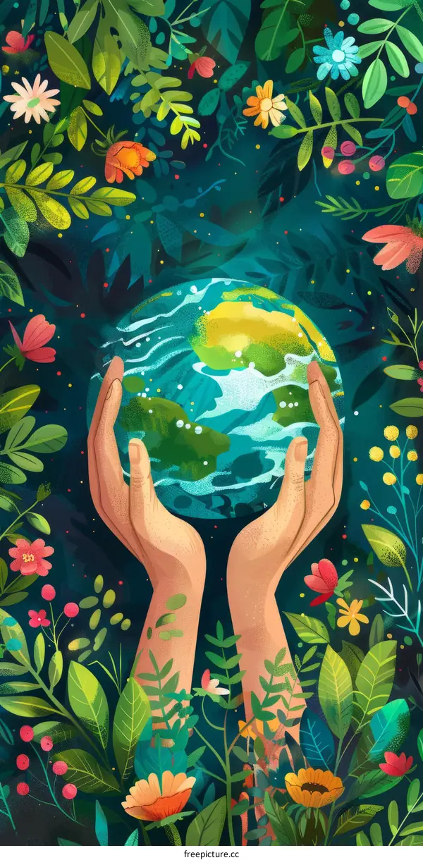 Hands cradling the Earth with flowers and leaves in the background
