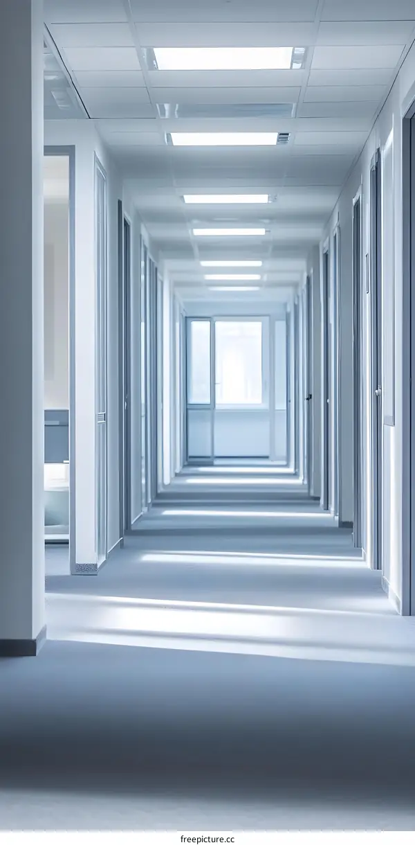 Modern Office Hallway With White Walls and Bright Lighting