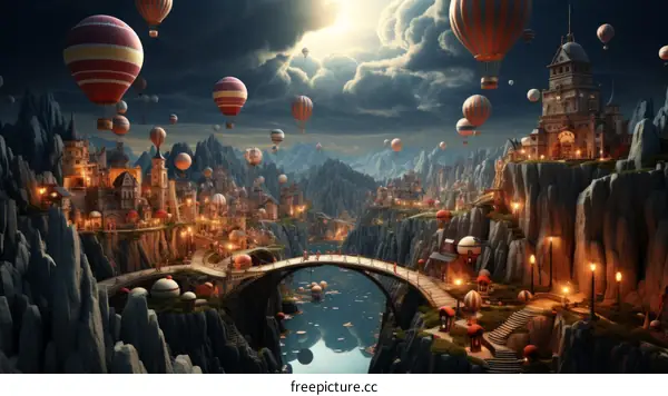 Fantasy City with airships flying over a river and bridge