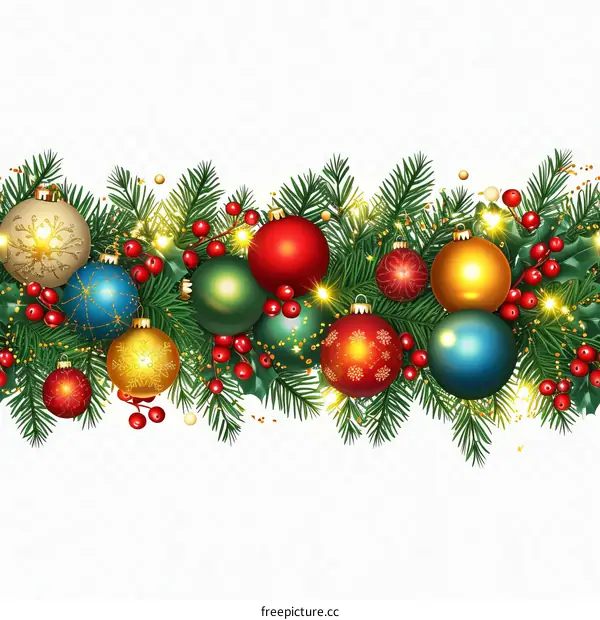 Christmas decorations with balls, holly, and pine branches