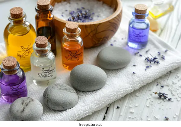 Close up of spa treatment with aroma oils and stones