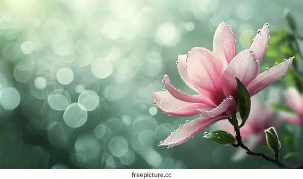 A beautiful magnolia flower with dew on its petals