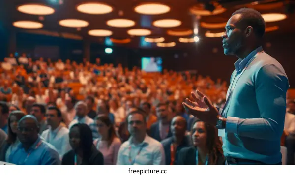 Black male speaker giving a talk at a conference