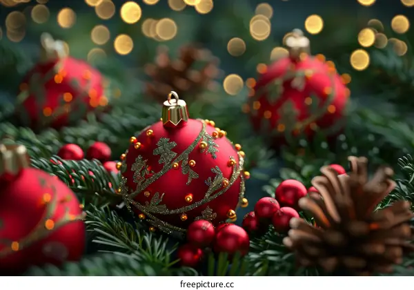 Red and Gold Christmas Ornaments with Pine Cones and Holly Berries