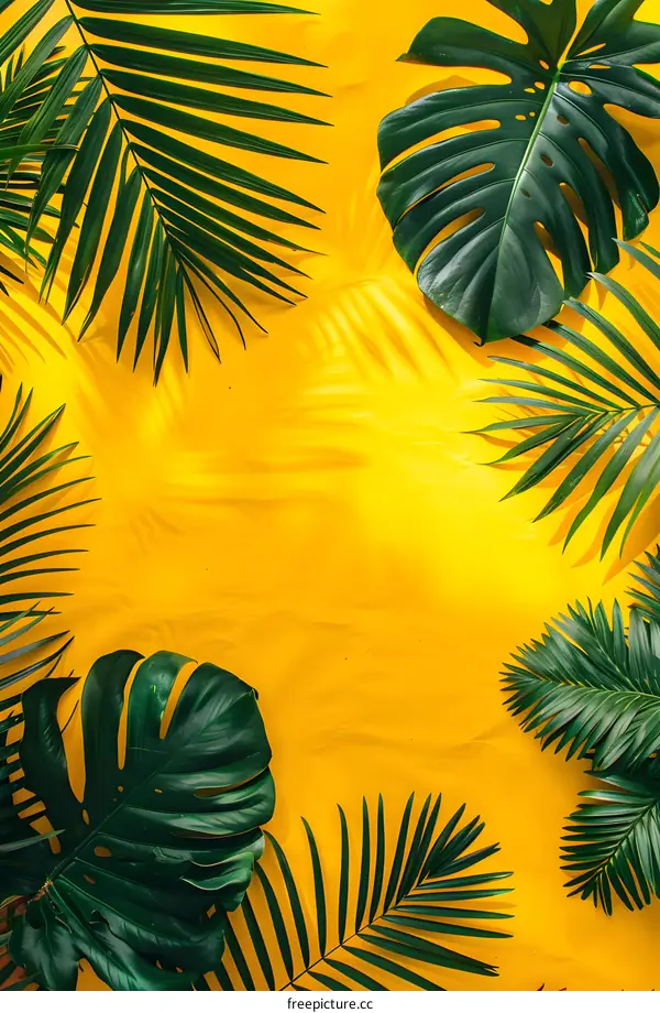 Tropical Leaves on Yellow Background