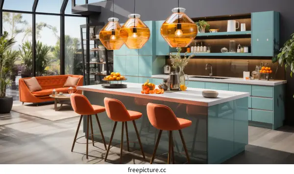 Modern Kitchen with Blue and Orange Accents and Outdoor Views